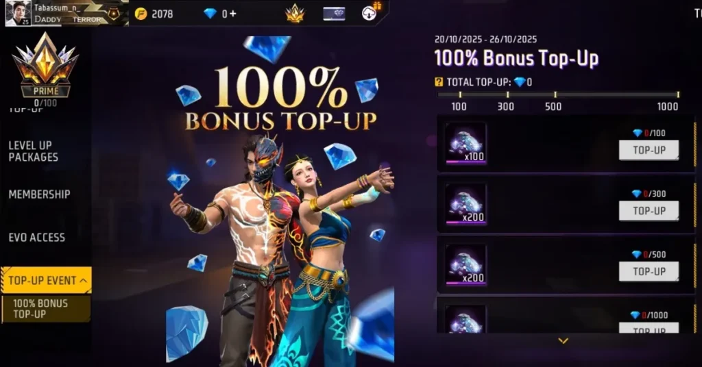 Free Fire 100 percent Bonus Top-Up in Diwali