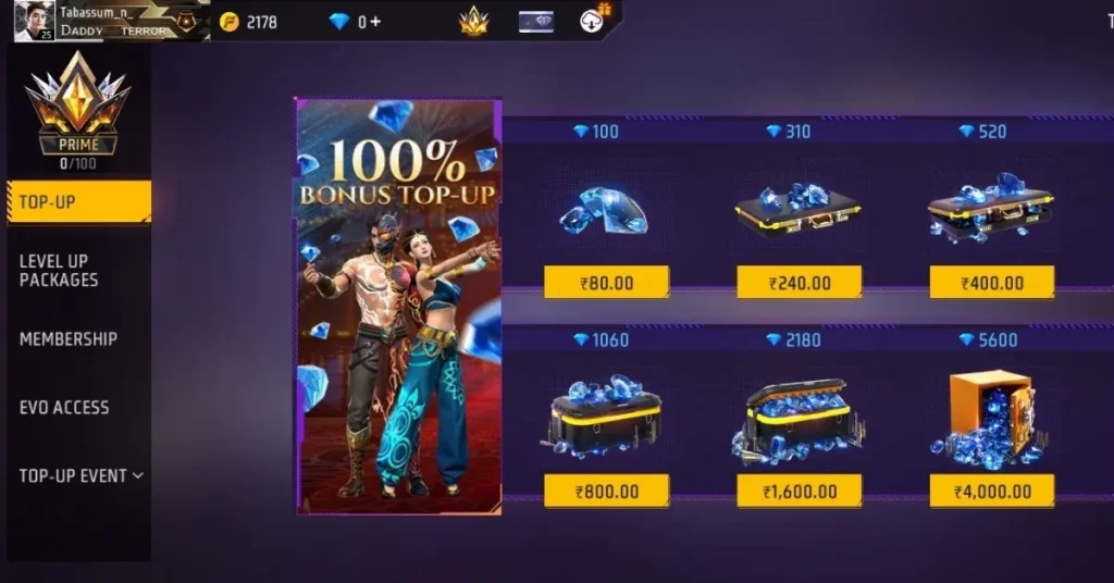 Free Fire 100 percent Bonus Top-Up in Diwali